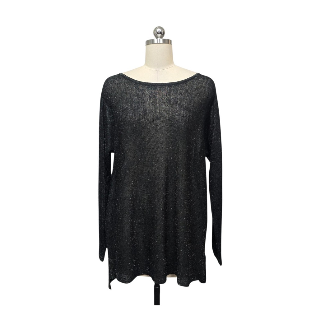 Eileen Fisher Womens Black Metallic Organic Linen Blend Tunic Sweater‎ Size Med